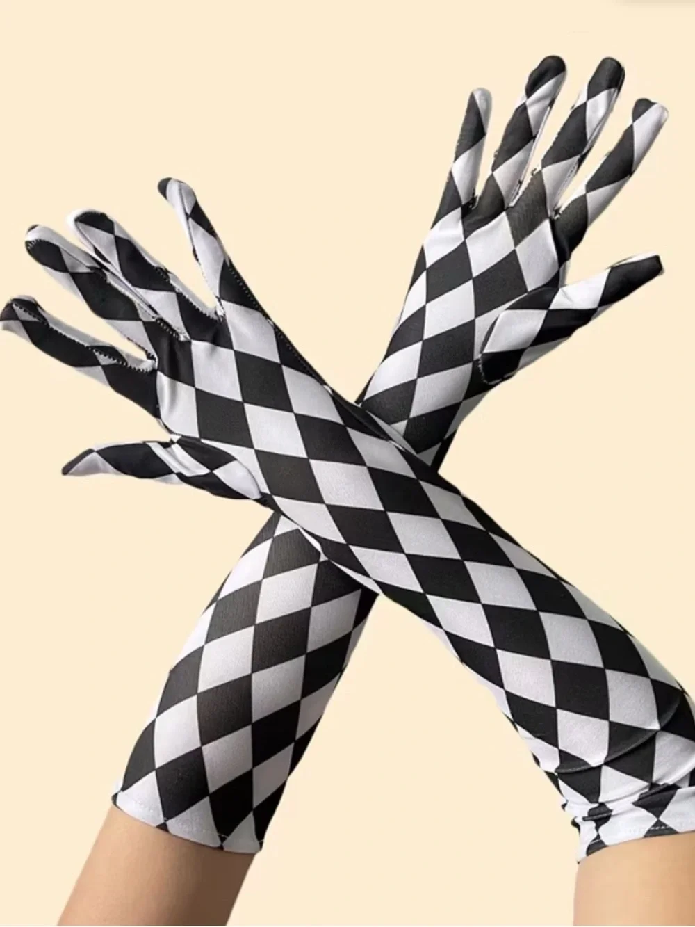 Black and White Harlequin Long Gloves - Party Costume Accessory